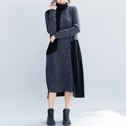 Buddha Trends Dress Black & Grey Long Sleeve Turtleneck Dress