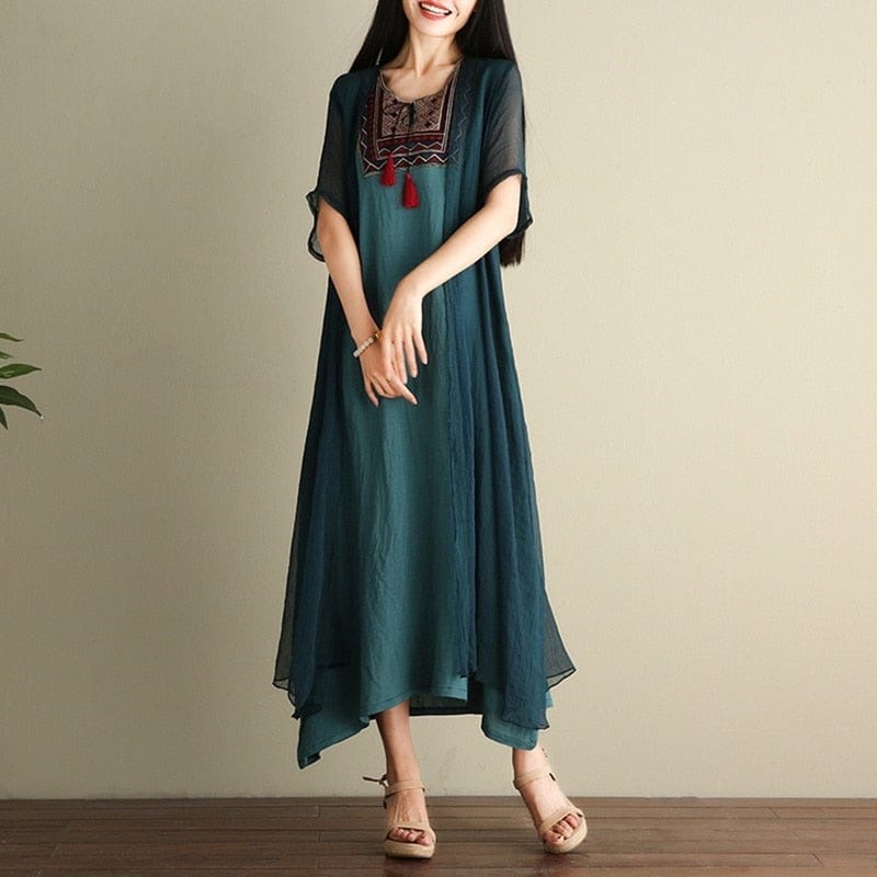 Buddha Trends Dress Embroidery Elegant Two-Pieces Dress