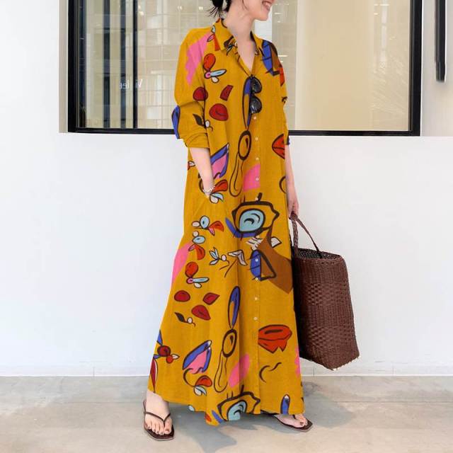 Buddha Trends Dress Abstract Art Button Down Maxi Shirt Dress