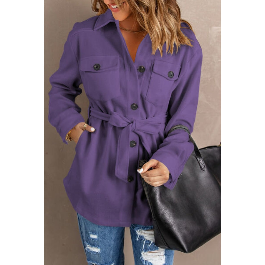 Button Up Tie-Waist Jacket with Pockets Violet / M Clothing