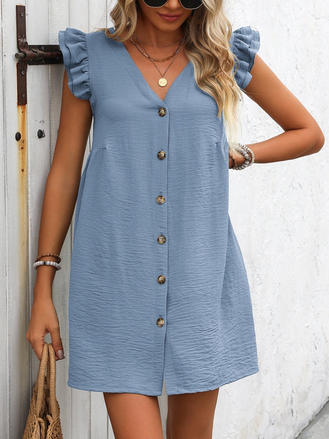 Button Up V - Neck Cap Sleeve Mini Dress - Loulou Boutique