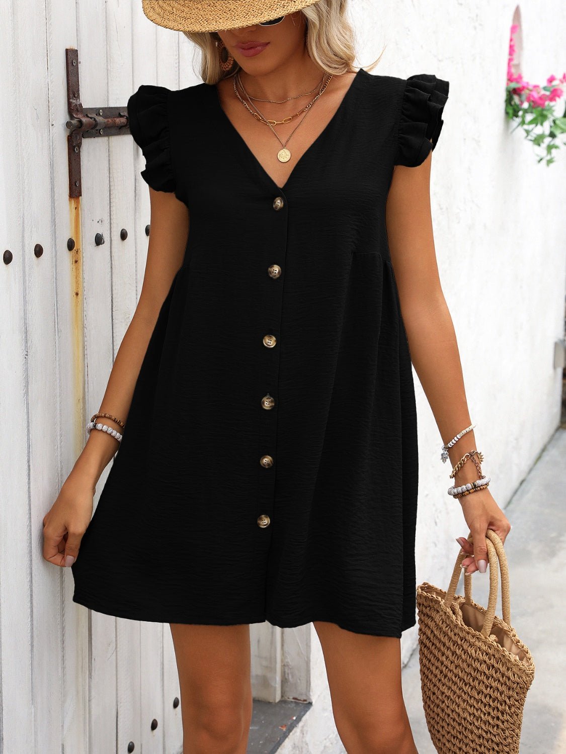 Button Up V - Neck Cap Sleeve Mini Dress - Loulou Boutique