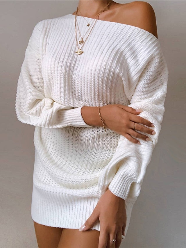 Women's Sweater Dress Winter Dress Black Wine Khaki White Long Sleeve Backless Winter Fall Off Shoulder Hot Casual Fit S M L XL Cotton - LuckyFash™