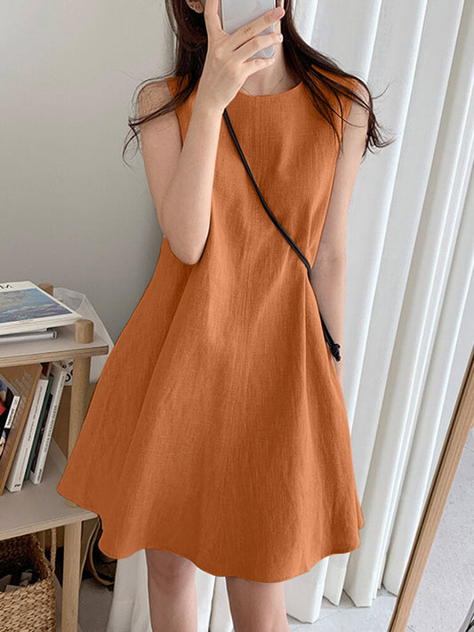 Cotton Pure Color Round Neck Sleeveless Casual Women Midi Dress