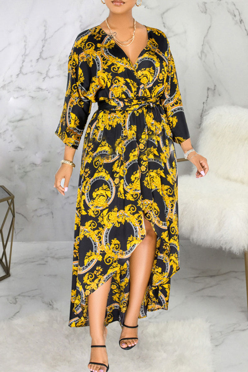 Black Sexy Print Bandage Split Joint Asymmetrical V Neck Straight Dresses