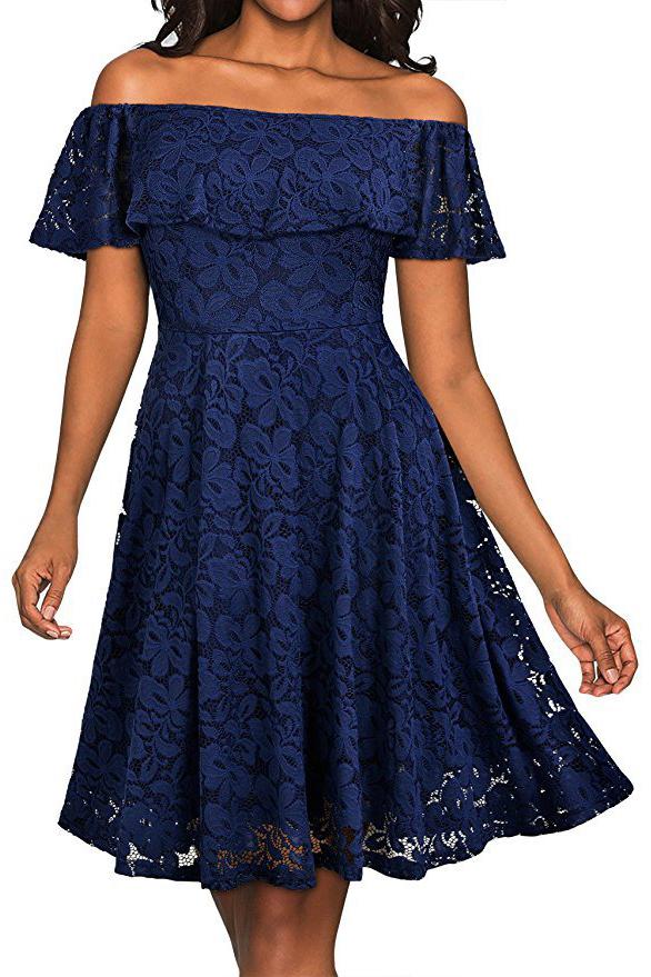 Solid Color Off Shoulder Short Sleeves Short Lace Dress