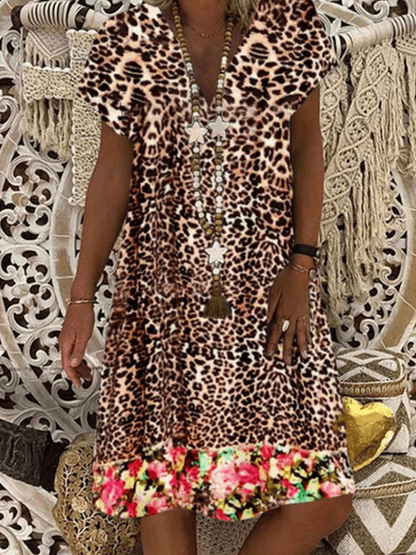 Leopard Floral Print V-neck Casual Short Sleeve Women Midi Dress