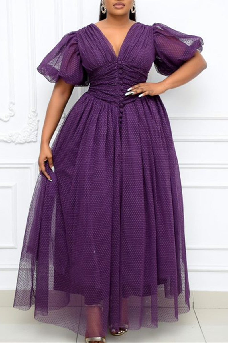 Online-clothing-plus-size-elegant-lace-sheer-polka-dot-a-line-puff-sleeve-retro-maxi-dress