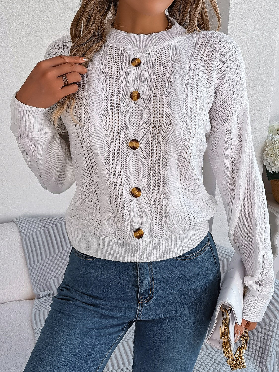 Cable - Knit Buttoned Round Neck Sweater - Admiresty