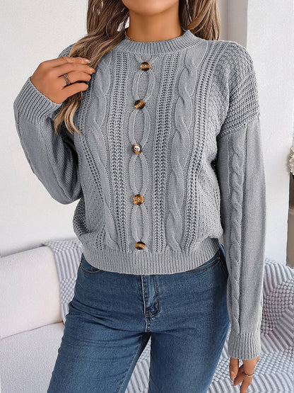 Cable - Knit Buttoned Round Neck Sweater - Admiresty