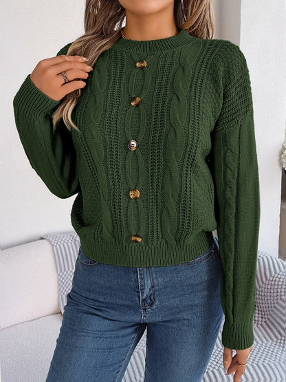 Cable - Knit Buttoned Round Neck Sweater - Admiresty