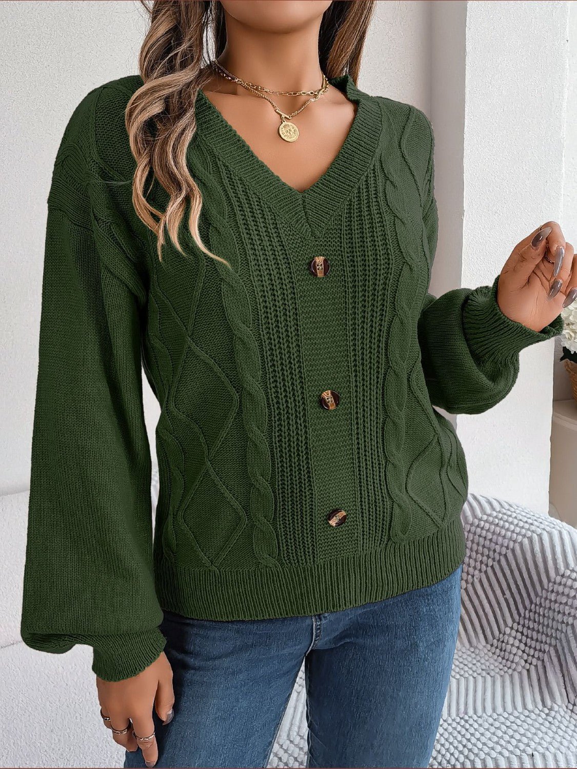 Cable - Knit Buttoned V - Neck Sweater - Admiresty