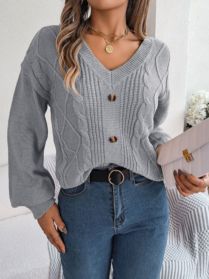 Cable - Knit Buttoned V - Neck Sweater - Admiresty