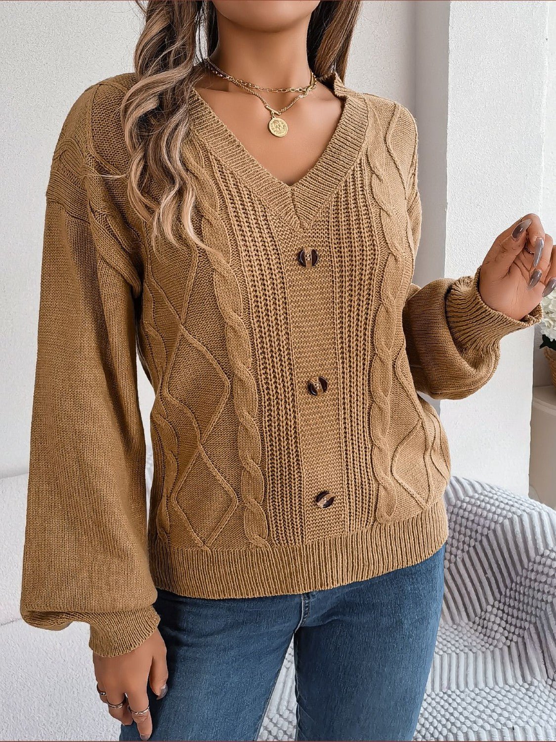 Cable - Knit Buttoned V - Neck Sweater - Admiresty