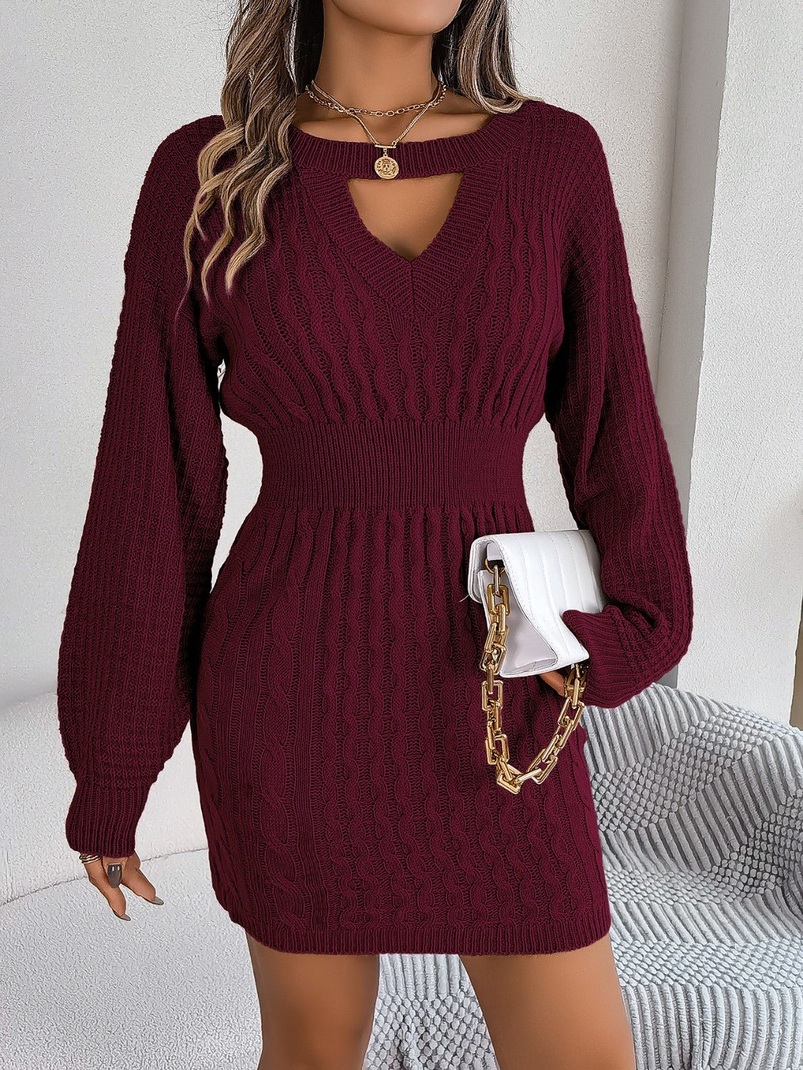 Cable - Knit Cutout Round Neck Slit Sweater Dress - Admiresty