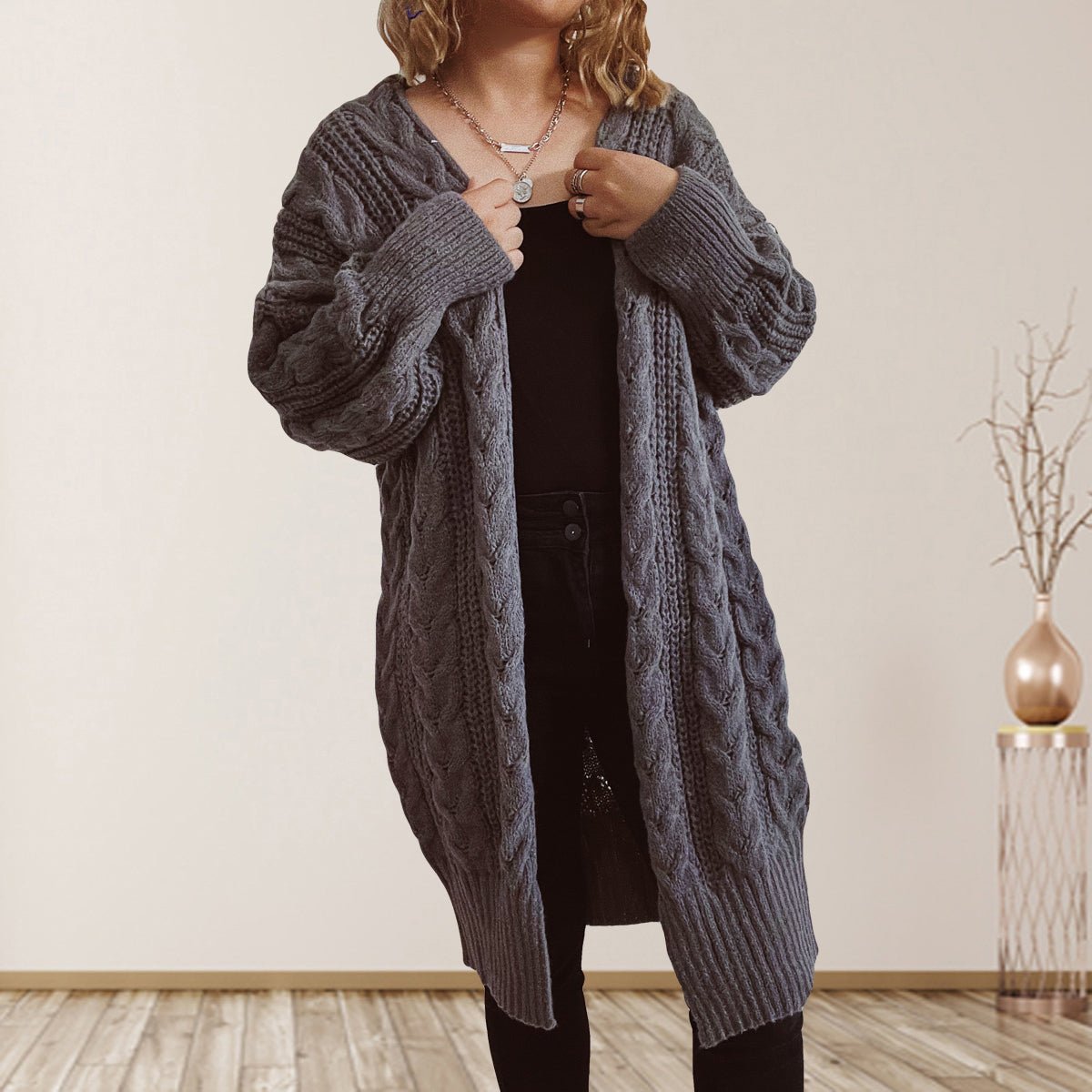 Cable - Knit Open Front Dropped Shoulder Cardigan - Admiresty