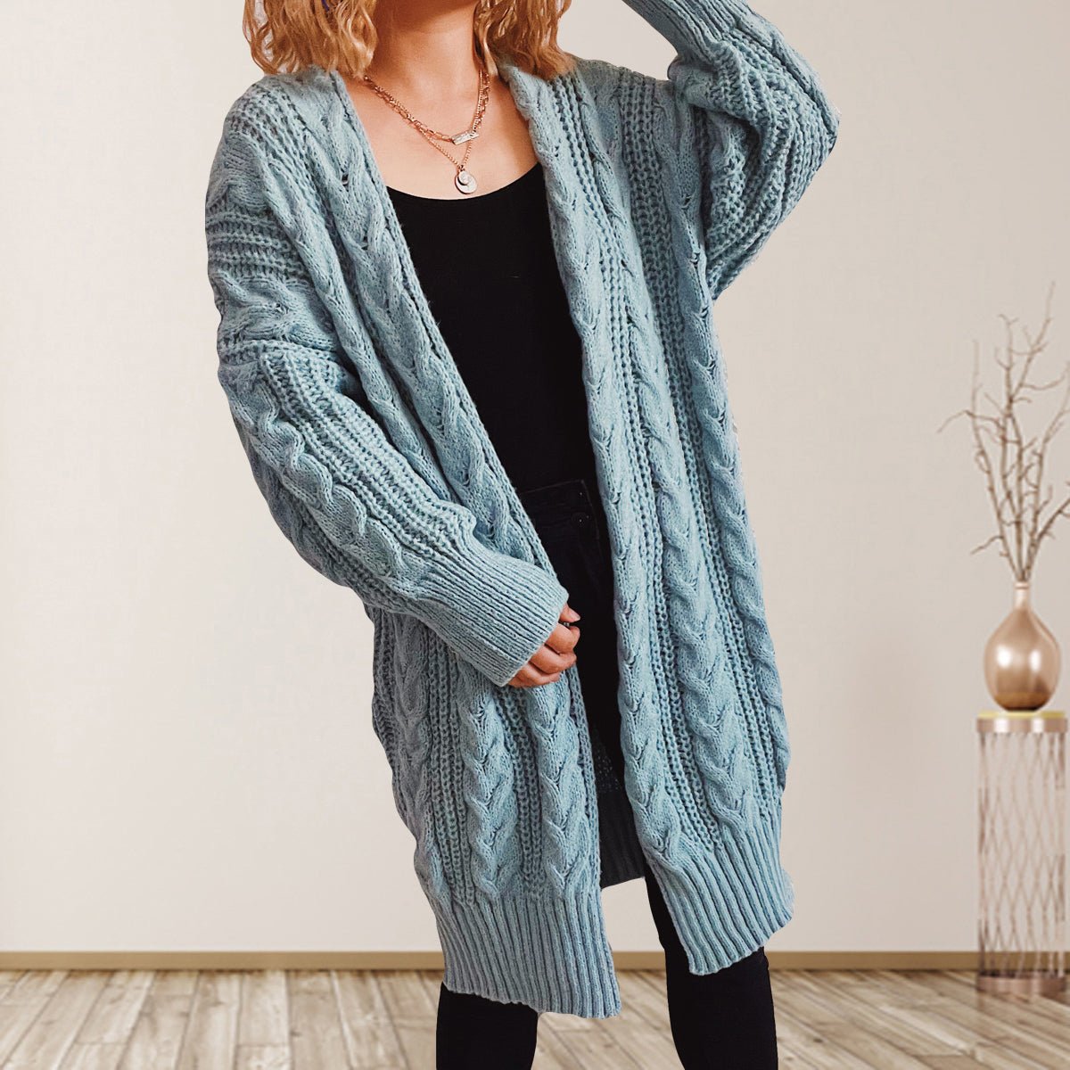 Cable - Knit Open Front Dropped Shoulder Cardigan - Admiresty