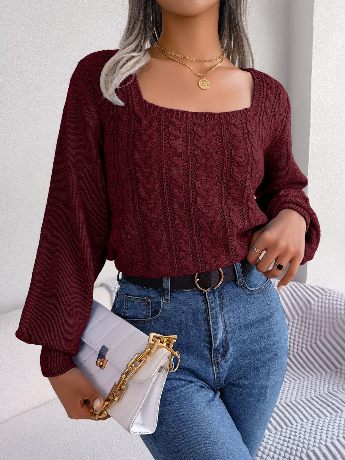 Cable - Knit Square Neck Long Sleeve Sweater - Admiresty