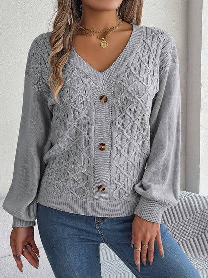 Cable - Knit V - Neck Lantern Sleeve Sweater - Admiresty