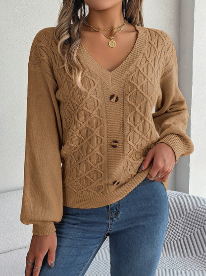 Cable - Knit V - Neck Lantern Sleeve Sweater - Admiresty