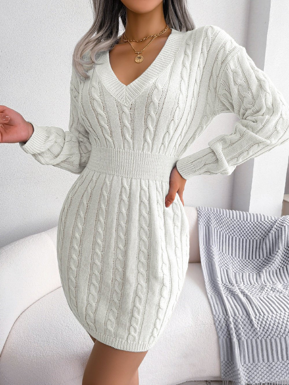 Cable - Knit V - Neck Mini Sweater Dress - Admiresty