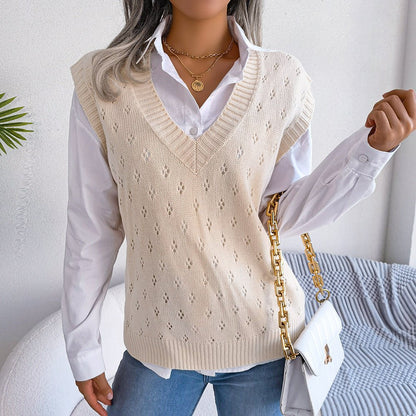 Casual Hollow Out V-Neck Knitted Vest Sweater for Women  S Blue 