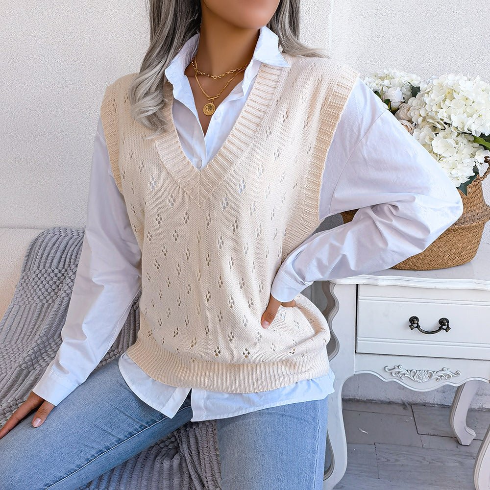 Casual Hollow Out V-Neck Knitted Vest Sweater for Women    