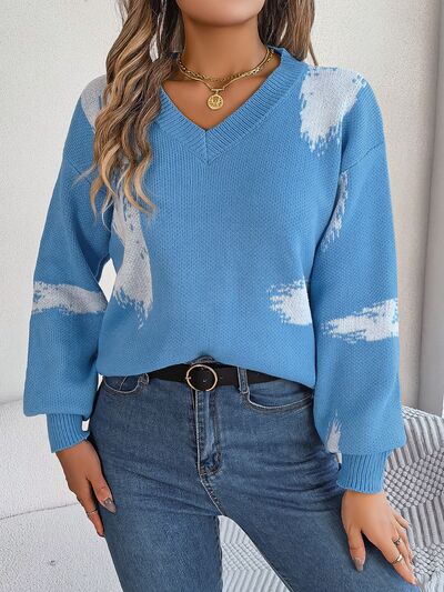 Contrast V-Neck Long Sleeve Sweater - Body By J'ne