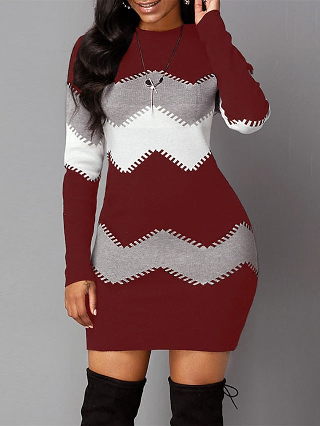 Women's Sweater Dress Bodycon Blue Yellow Wine Black Long Sleeve Color Block Knit Winter Fall Crew Neck Sexy Modern Fall Dress 2022 S M L XL XXL 3XL 4XL 5XL / Winter Dress / Sheath Dress - LuckyFash™