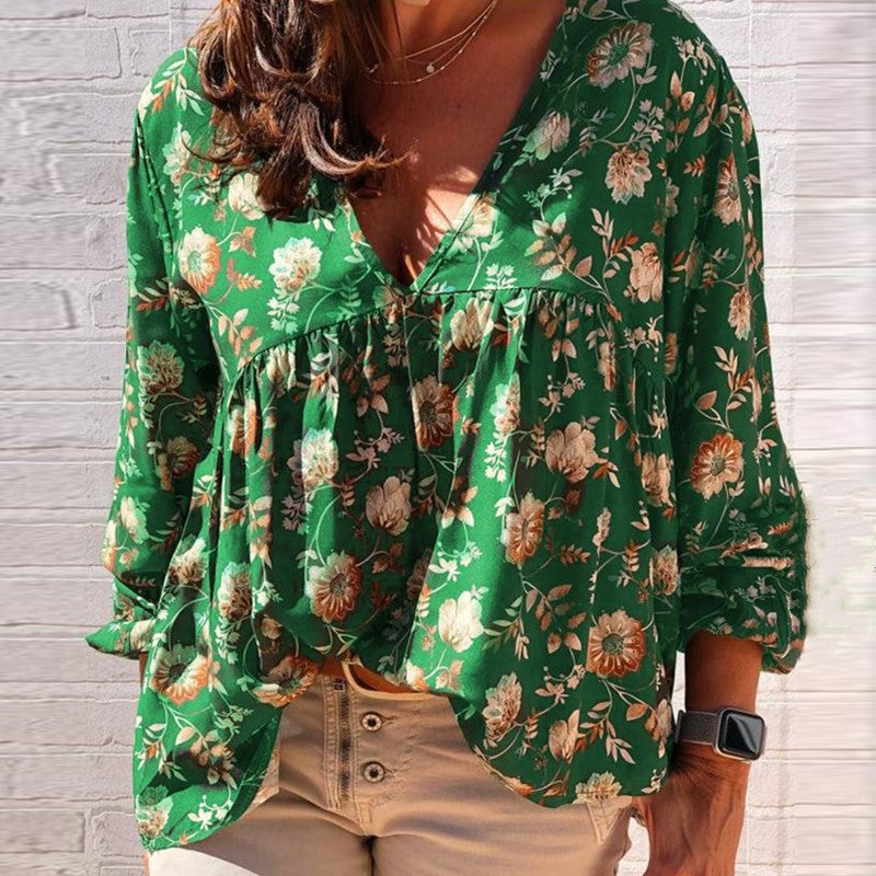 Plus Size  V-neck printed long-sleeved Top  Tops Thecurvestory