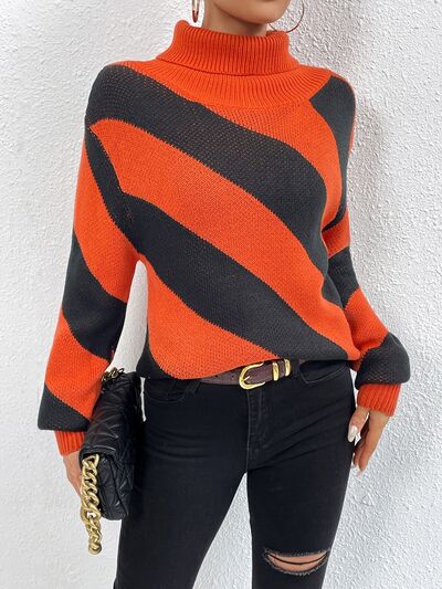 Striped Turtleneck Dropped Shoulder Sweater - NocturnalExpressions