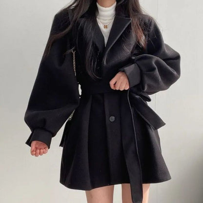 Puff Sleeve Belted Woolen Coat - fairypeony