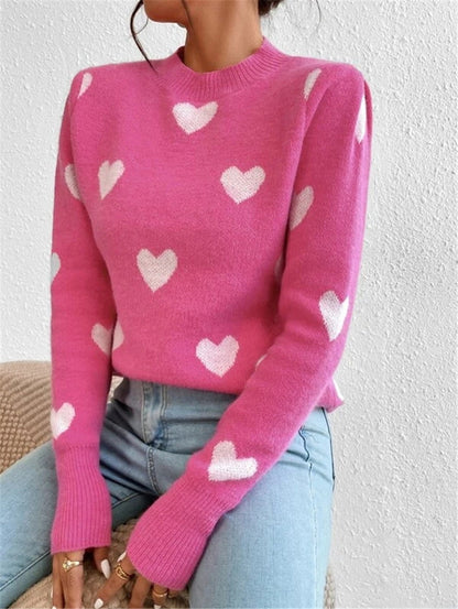 Women's Sweater Heart Pattern Sweater, Loose Round Neck Knitted Pullover Sweater loveyourmom Love Your Mom   