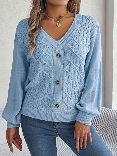 Cable-Knit V-Neck Lantern Sleeve Sweater - Body By J'ne