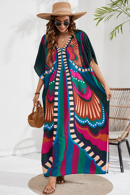 Colorful Printed V-Neck Short Sleeve Cover Up With Side Slit (12 Color Designs) swimwear Krazy Heart Designs Boutique