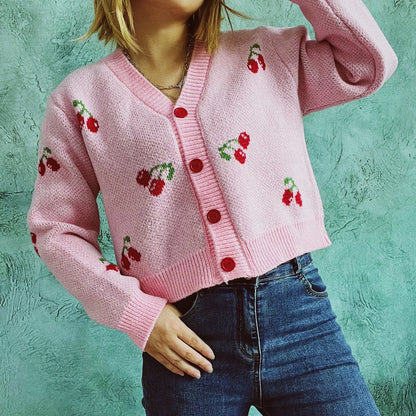 Charming Cherry Patterned Cardigan for Cozy Autumn and Winter Days    