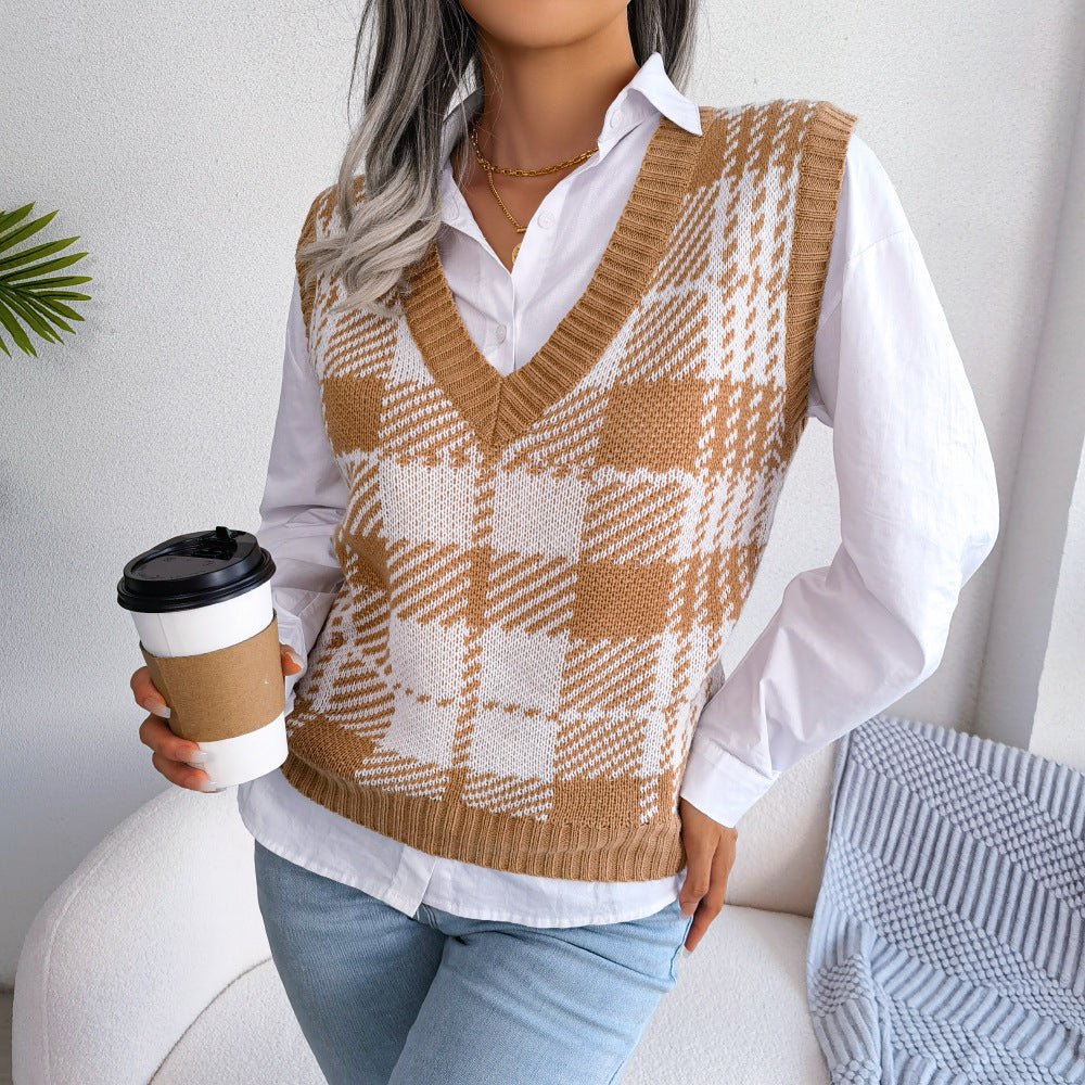 Check Pattern V-Neck Knitted Vest Sweater for Cozy Color Contrast  S Green 