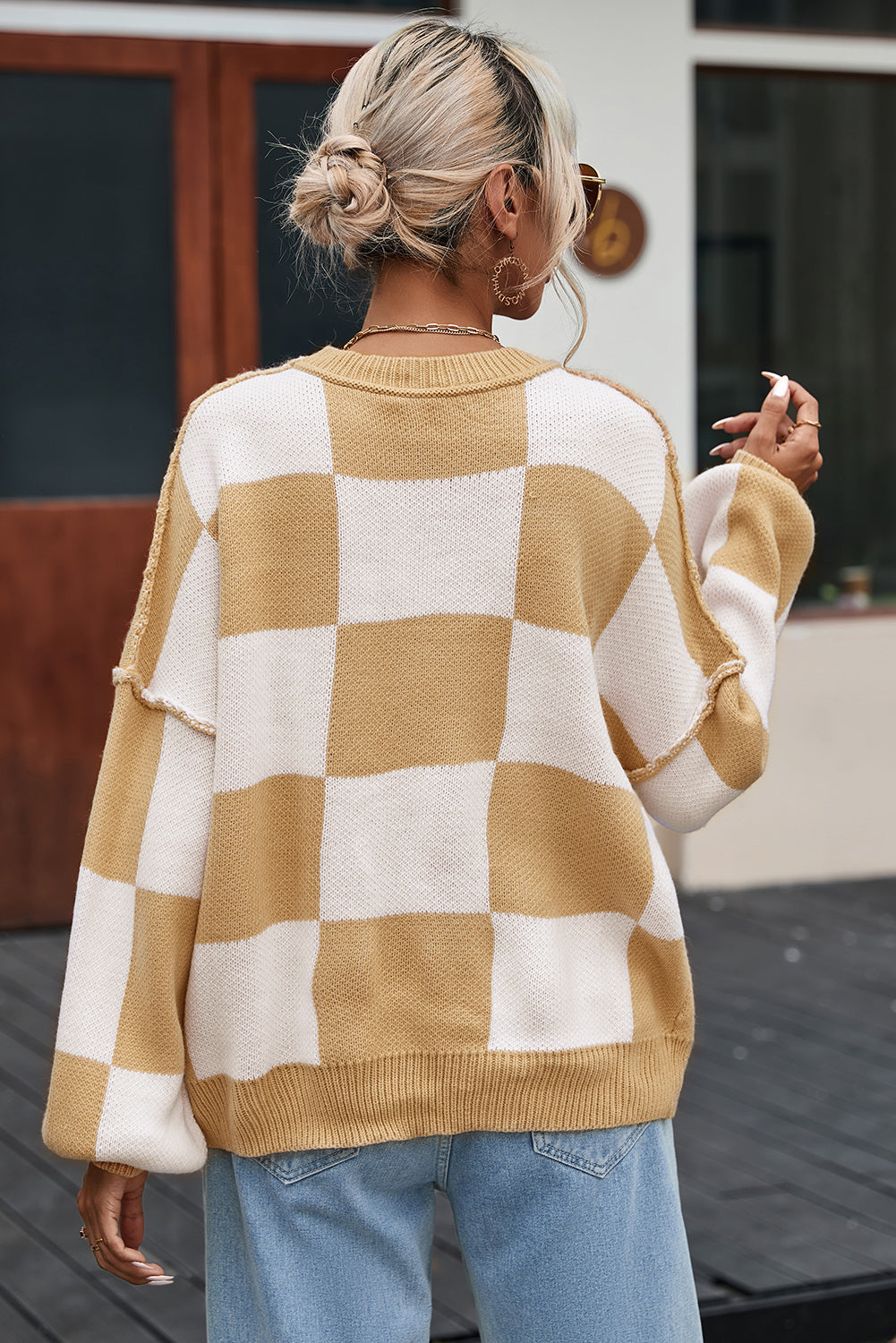 Checkered Bishop Sleeve Sweater - Sweaters & Cardigans - Sunny Angela