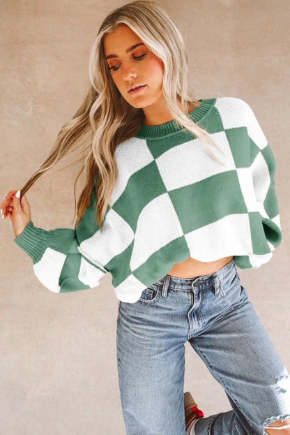 Checkered Bishop Sleeve Sweater - Sweaters & Cardigans - Sunny Angela