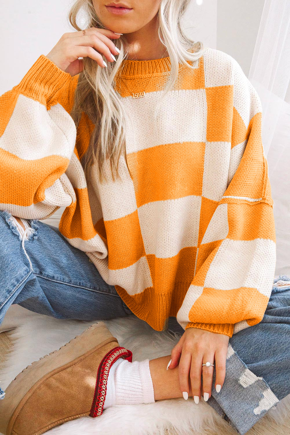 Checkered Bishop Sleeve Sweater - Sweaters & Cardigans - Sunny Angela