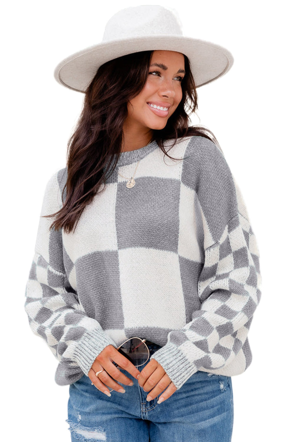 Checkered Print Drop Shoulder Sweater - Sweaters & Cardigans - Sunny Angela