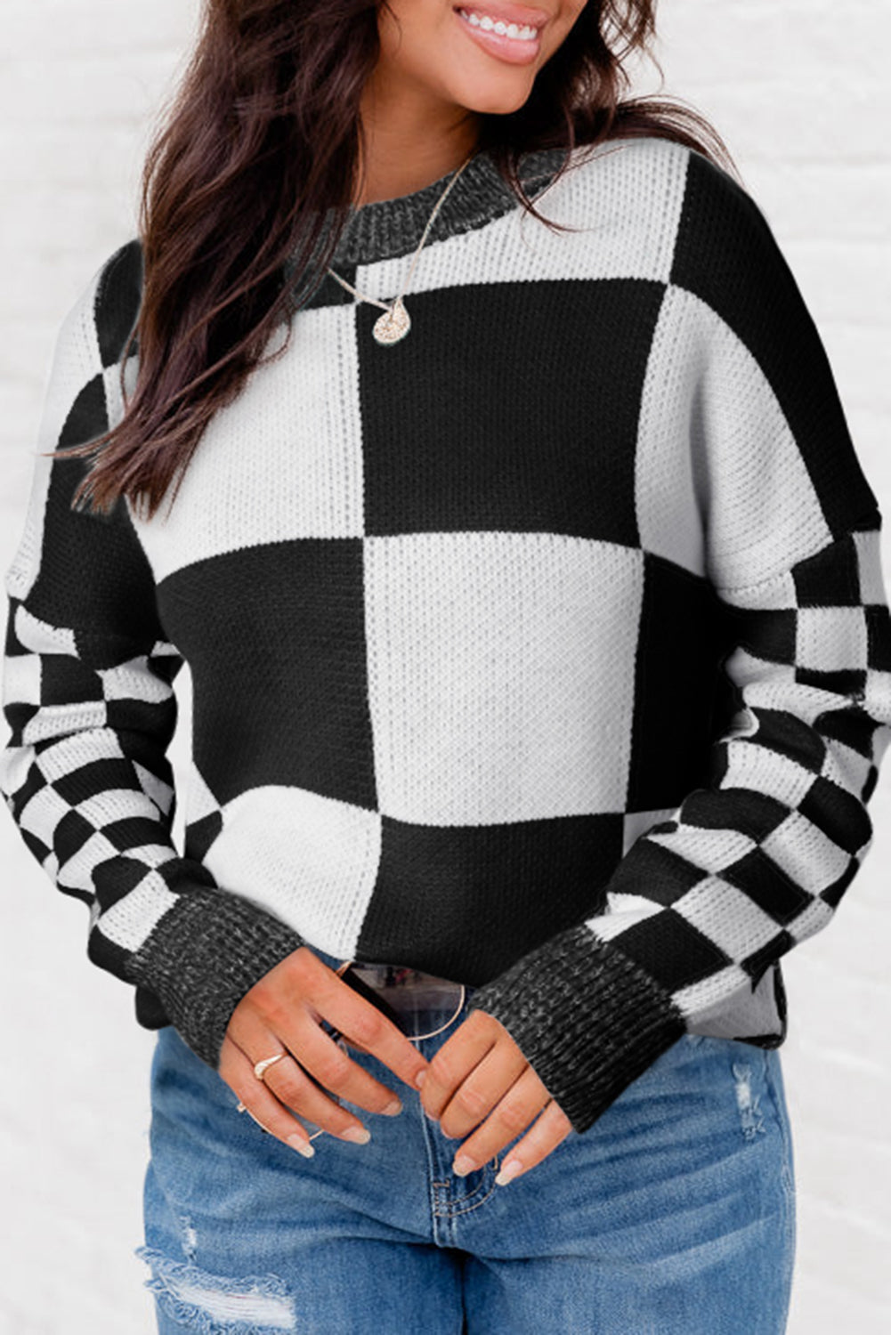 Checkered Print Drop Shoulder Sweater - Sweaters & Cardigans - Sunny Angela