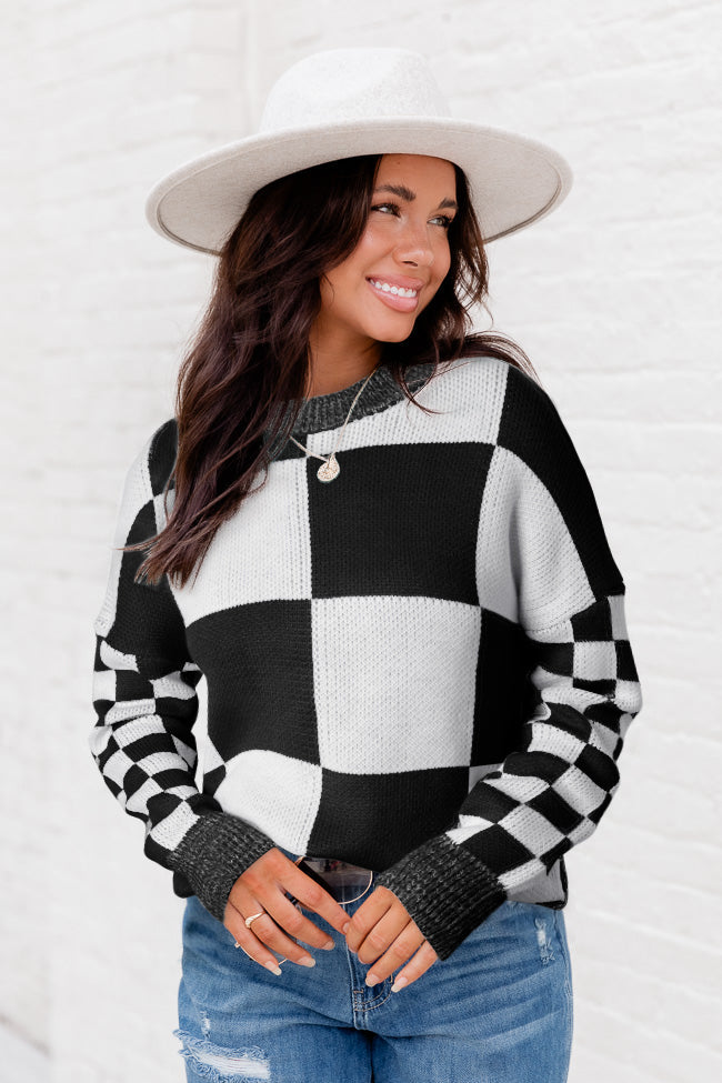 Checkered Print Drop Shoulder Sweater - Sweaters & Cardigans - Sunny Angela