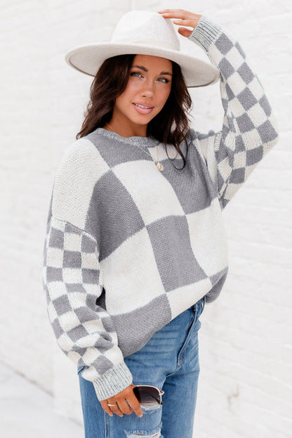 Checkered Print Drop Shoulder Sweater - Sweaters & Cardigans - Sunny Angela