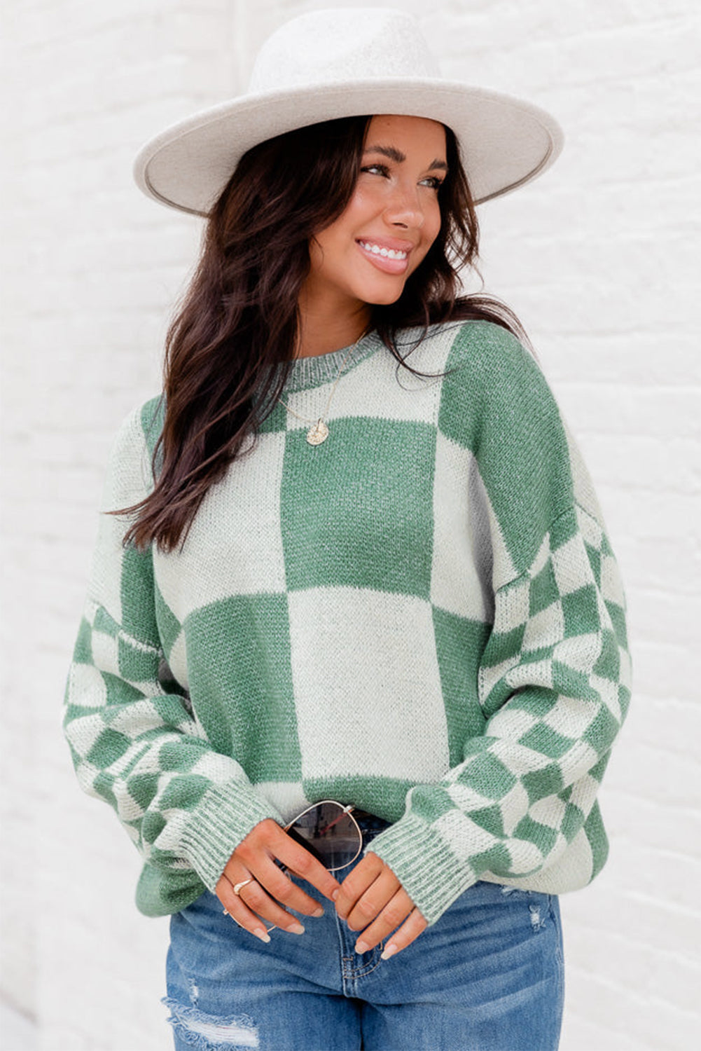 Checkered Print Drop Shoulder Sweater - Sweaters & Cardigans - Sunny Angela