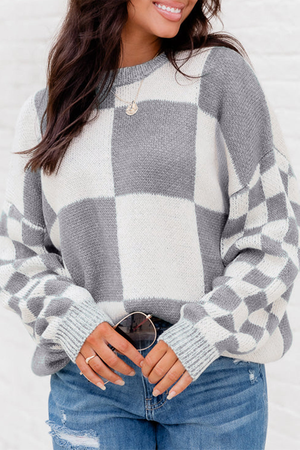 Checkered Print Drop Shoulder Sweater - Sweaters & Cardigans - Sunny Angela