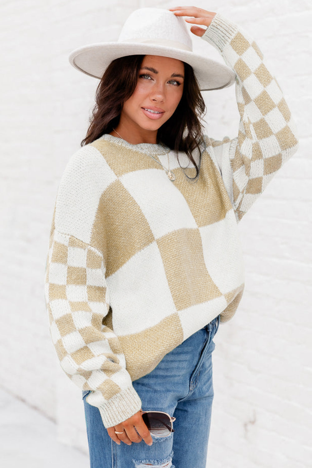 Checkered Print Drop Shoulder Sweater - Sweaters & Cardigans - Sunny Angela