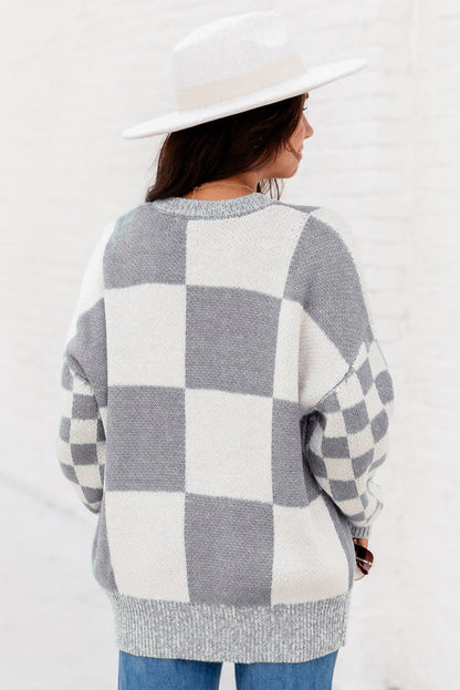 Checkered Print Drop Shoulder Sweater - Sweaters & Cardigans - Sunny Angela