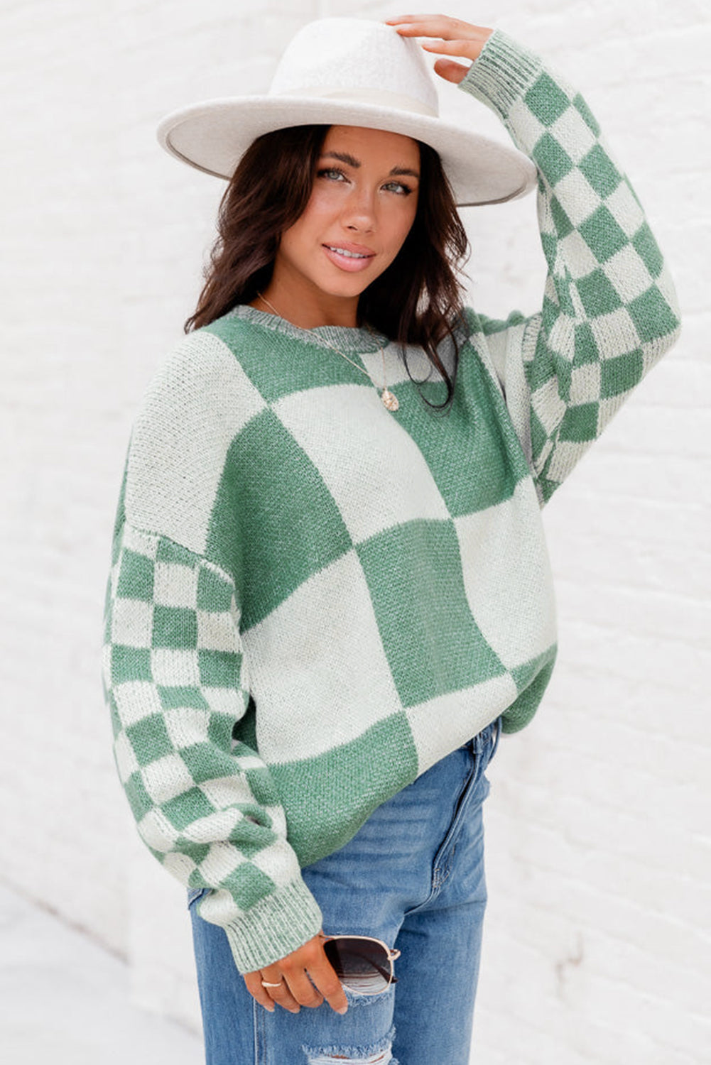 Checkered Print Drop Shoulder Sweater - Sweaters & Cardigans - Sunny Angela