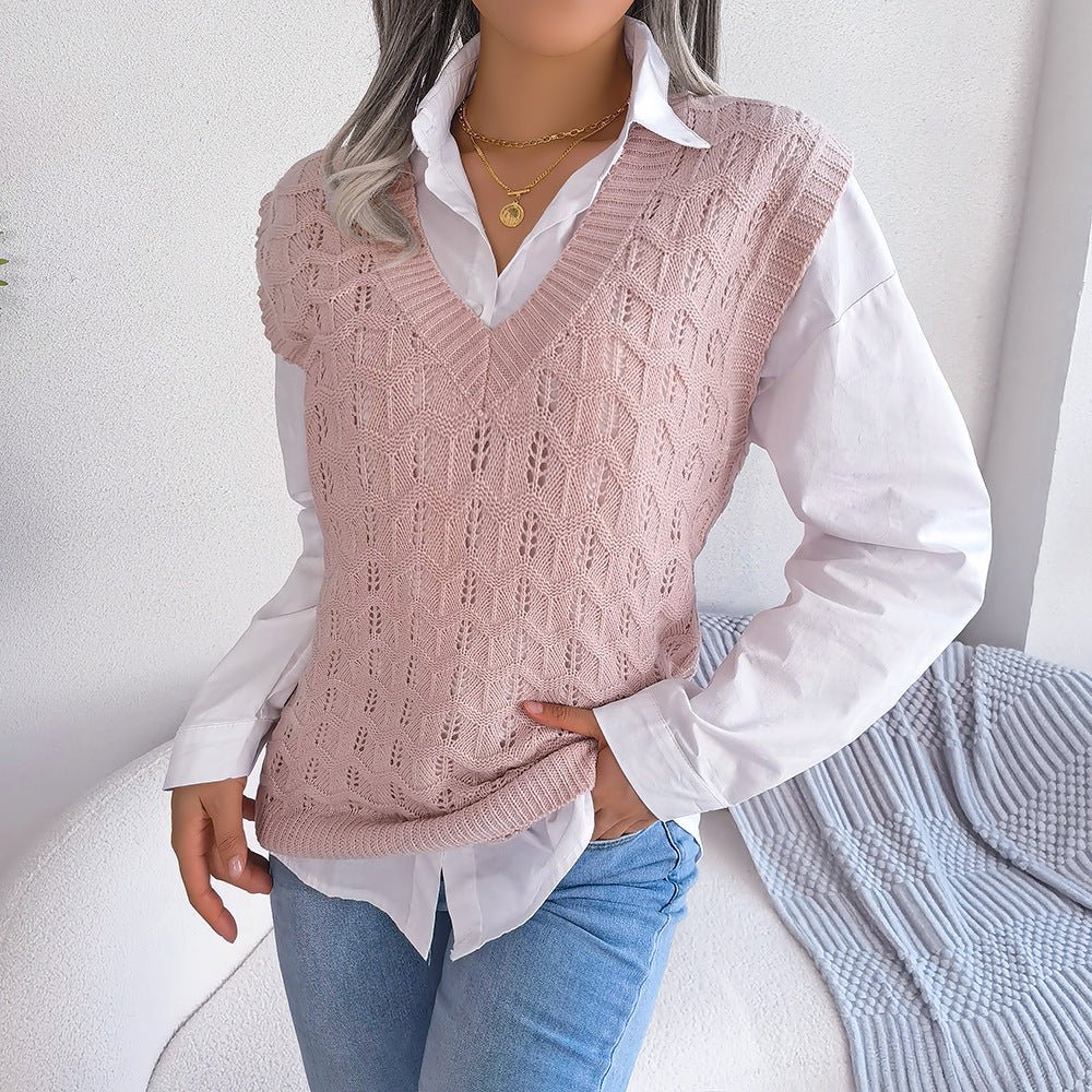 Chic Hollow Out V-Neck Knitted Vest Sweater for Autumn/Winter  S Blue 